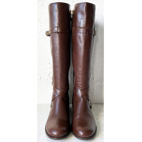 Cole Haan Knee High Riding Boots Brown Leather & Fabric Panel - Women's 7.5B - Picture 2 of 9